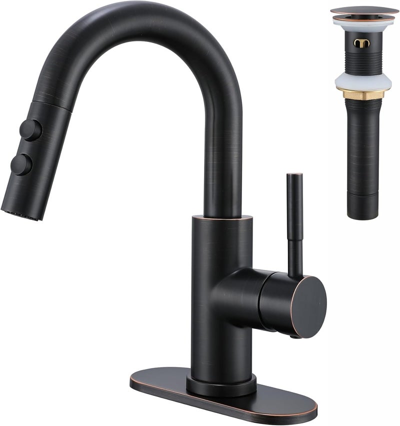 Kablle Bathroom Sink Faucet with Pull Down Sprayer, Oil Rubbed Bronze Single Handle Pull Out Faucet with Pop-Up Drain, 1 or 3 Hole Laundry Bar Basin Faucet with Deck Plate, KBL-7002ORB-CL - Image 1